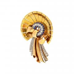 Diamond Sapphire Bonnet Hat and Ribbon Brooch in 18K Rose Yellow Gold - 3570398