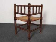 Diminutive Antique French 19th Century Bobbin Corner Chair with Rush Seat - 4611086