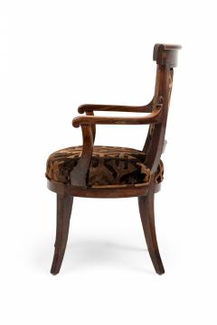 Directoire Walnut and Brown and Black Geometric Upholstered Sabre Leg Armchair - 4169835