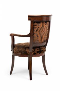 Directoire Walnut and Brown and Black Geometric Upholstered Sabre Leg Armchair - 4169836