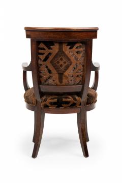 Directoire Walnut and Brown and Black Geometric Upholstered Sabre Leg Armchair - 4169837