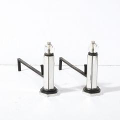 Donald Deskey Art Deco Glass Ball Polished Chrome Black Enamel Andirons by Donald Deskey - 3108819