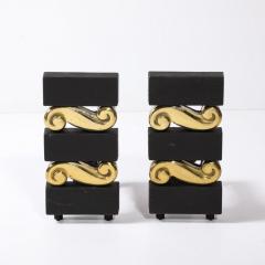 Donald Deskey Mid Century Brass Bronze Stacked Scroll Andirons by Donald Deskey for Bennet - 3925958