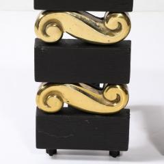 Donald Deskey Mid Century Brass Bronze Stacked Scroll Andirons by Donald Deskey for Bennet - 3925966