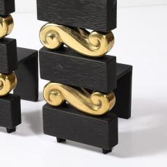 Donald Deskey Mid Century Brass Bronze Stacked Scroll Andirons by Donald Deskey for Bennet - 3926030