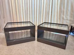 Donald Judd Two Tier Safety Wire Glass Top Brass Trim Side Tables on Casters Pair - 4619949
