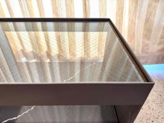 Donald Judd Two Tier Safety Wire Glass Top Brass Trim Side Tables on Casters Pair - 4620010