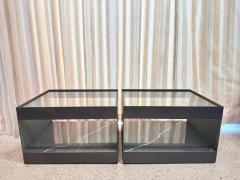 Donald Judd Two Tier Safety Wire Glass Top Brass Trim Side Tables on Casters Pair - 4620044