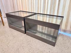 Donald Judd Two Tier Safety Wire Glass Top Brass Trim Side Tables on Casters Pair - 4620050