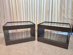 Donald Judd Two Tier Safety Wire Glass Top Brass Trim Side Tables on Casters Pair - 4620061