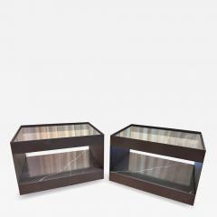 Donald Judd Two Tier Safety Wire Glass Top Brass Trim Side Tables on Casters Pair - 4620271