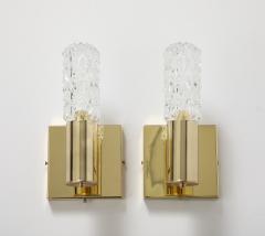 Doria Leuchten Pair of 1960s Minimalist Brass and Faceted Crystal Wall Sconces by Doria - 4058673