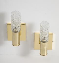 Doria Leuchten Pair of 1960s Minimalist Brass and Faceted Crystal Wall Sconces by Doria - 4058675