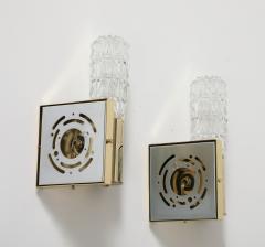 Doria Leuchten Pair of 1960s Minimalist Brass and Faceted Crystal Wall Sconces by Doria - 4058681