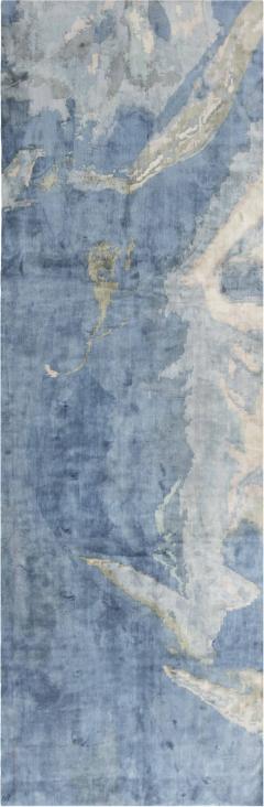 Doris Leslie Blau Collection Abstract Blue Sea Sand Beige Handmade Silk Runner - 3578523