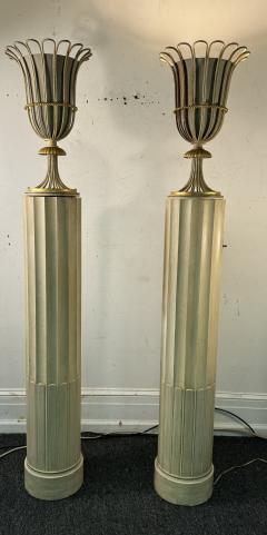 Dorothy Draper GORGEOUS ART DECO GILT METAL AND CREAM WOOD FLUTED COLUMN TORCHIERES - 3681447