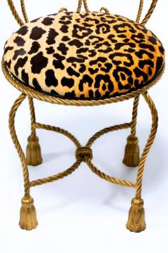 Dorothy Draper Hollywood Regency Gilt Rope Tassel Vanity Stool in Leopard Velvet - 4098083