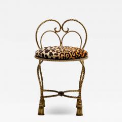 Dorothy Draper Hollywood Regency Gilt Rope Tassel Vanity Stool in Leopard Velvet - 4101422