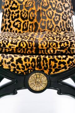 Dorothy Draper Hollywood Regency Tall Back Throne Chairs in Leopard Velvet Ebony Gilt Frames - 4089576