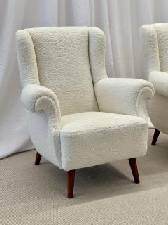 Dorothy Draper Pair American Mid Century Scroll Lounge Wingback Chairs Boucle Draper Style - 2910434