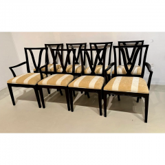 Dorothy Draper Set of 8 Dorothy Draper Black Lacquer Dining Chairs W Scalamandre Stripe - 3059196
