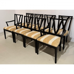 Dorothy Draper Set of 8 Dorothy Draper Black Lacquer Dining Chairs W Scalamandre Stripe - 3059220