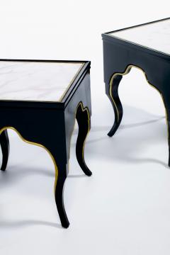 Dorothy Draper Vintage Hollywood Regency Black Lacquered and Gilt Marble Topped Accent Tables - 4794920