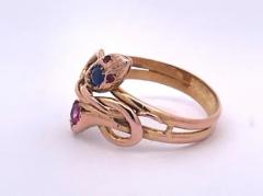 Double Snake Ring Blue Pink Sapphire Head 14K - 3461959