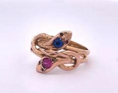 Double Snake Ring Blue Pink Sapphire Head 14K - 3461960
