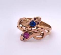 Double Snake Ring Blue Pink Sapphire Head 14K - 3461961