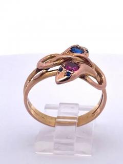 Double Snake Ring Blue Pink Sapphire Head 14K - 3461994