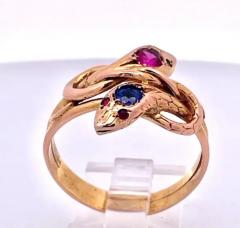 Double Snake Ring Blue Pink Sapphire Head 14K - 3462114