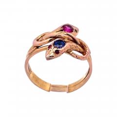 Double Snake Ring Blue Pink Sapphire Head 14K - 3572137