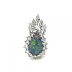 Drop Shaped Black Opal with Marquise Round Diamond Halo Pendant Or Brooch - 3556748