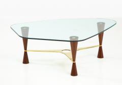 Dunbar Style Walnut Brass and Glass Shaped Cocktail or Coffee Table - 955981