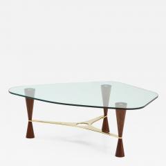 Dunbar Style Walnut Brass and Glass Shaped Cocktail or Coffee Table - 957316