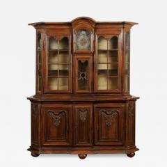 Dutch 1793s Carved Oak Buffet Deux Corps with Glass Doors and Pewter Clock - 3444417