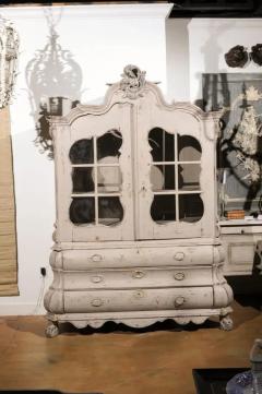 Dutch 1850s Rococo Revival Painted Cabinet with Glass Doors and Bomb Chest - 3491307