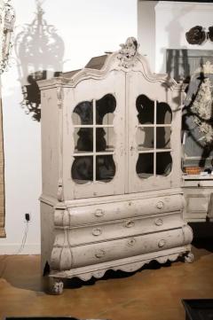 Dutch 1850s Rococo Revival Painted Cabinet with Glass Doors and Bomb Chest - 3491457