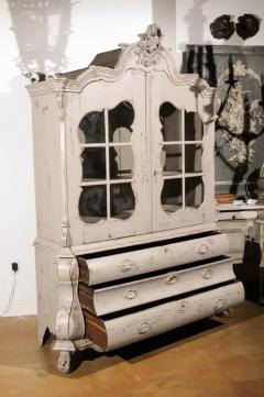 Dutch 1850s Rococo Revival Painted Cabinet with Glass Doors and Bomb Chest - 3491463