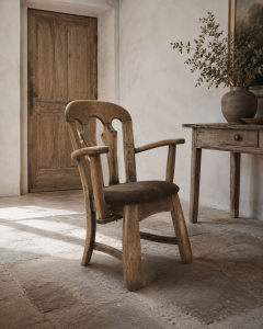 Dutch Brutalist Solid Oak Armchair with Reupholstered Leather Seat 1970s - 4802935