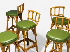 Dutch Modern Bamboo Green Leather Five Barstools Netherlands 1970s - 4362948