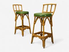 Dutch Modern Bamboo Green Leather Five Barstools Netherlands 1970s - 4362949