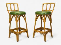 Dutch Modern Bamboo Green Leather Three Barstools Netherlands 1970s - 4470695