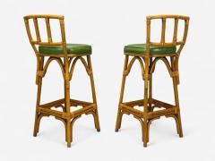 Dutch Modern Bamboo Green Leather Three Barstools Netherlands 1970s - 4470698