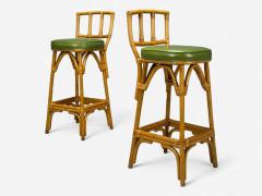 Dutch Modern Bamboo Green Leather Three Barstools Netherlands 1970s - 4470700