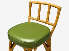Dutch Modern Bamboo Green Leather Three Barstools Netherlands 1970s - 4470702