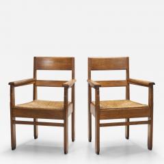 Dutch Oak Art Deco Chairs with Rush Seats The Netherlands 1920s - 3383777