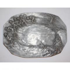 E Duchez 1900s French Art Nouveau Sculpted Pewter Dish with Fishing Putti in Relief - 1316128