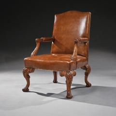 EARLY 20TH CENTURY WALNUT CARVED LEATHER UPHOLSTERY ARMCHAIR - 2830018